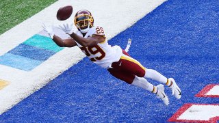 Kendall Fuller intercepts a pass from Daniel Jones at MetLife Stadium on Oct. 18, 2020, in East Rutherford, New Jersey.