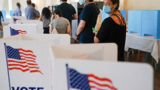 Voters at polls wearing masks.