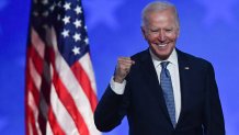 Democratic presidential nominee Joe Biden gestures after speaking during election night at the Chase Center in Wilmington, Delaware, early on November 4, 2020. - Democrat Joe Biden said early Wednesday he believes he is "on track" to defeating US President Donald Trump, and called for Americans to have patience with vote-counting as several swing states