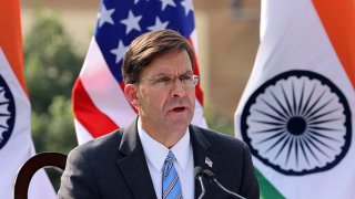 Mark Esper, U.S. Secretary of Defense, speaks during a news conference at Hyderabad House in New Delhi, India, Oct. 26, 2020.