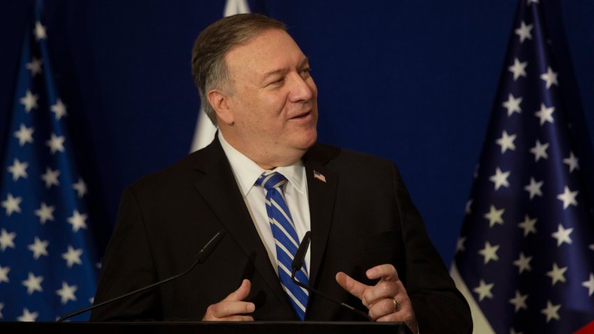 U.S. Secretary of State Mike Pompeo speaks during a joint statement with Israeli Prime Minister Benjamin Netanyahu in Jerusalem, Thursday, Nov. 19, 2020.