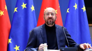 Charles Michel, president of the European Council, pauses during a EU-China investment accord virtual meeting in the Europa Building in Brussels, Belgium, on Wednesday, Dec. 30, 2020. The European Union and China announced the political approval of a long-sought agreement to open the Chinese market further to EU investors, marking an economic victory for both sides.