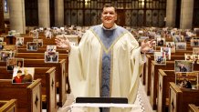 Rev. Brian X. Needles delivers Easter Sunday mass via livestream on April 12, 2020, at Our Lady of Sorrows Catholic Church in South Orange, New Jersey.