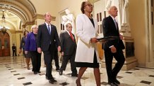 Lead by House of Representatives Clerk Cheryl Johnson and House Sergeant at Arms Paul Irving, impeachment managers Reps. Hakeem Jeffries (D-New York), Sylvia Garcia (D-Texas), Jerrold Nadler (D-New York), Adam Schiff (D-Calif), Val Demings (D-Fla.), Zoe Lofgren (D-Calif.) and Jason Crow (D-Colo.) march the articles of impeachment against President Donald Trump across the Capitol, Jan. 15, 2020 in Washington, D.C.