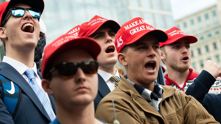 Demonstrators wearing “Make America Great Again Hats” gather in Freedom Plaza during the “Million MAGA March” in Washington, D.C., U.S., on Saturday, Dec. 12, 2020. President Trump and his party raised $207.5 million in a less than three-week stretch after the U.S. election, fueled by outrage-filled solicitations to donors as he waged an unsuccessful challenge of the results. Photographer: Graeme Sloan/Bloomberg via Getty Images