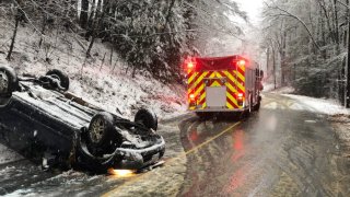 A car that crashed amid a nor'easter in Oakham, Massachusetts, on Saturday, Dec. 5, 2020.