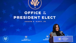 US Vice President-elect Kamala Harris speaks after US President-elect Joe Biden nominated their science team on January 16, 2021, at The Queen theater in Wilmington, Delaware.