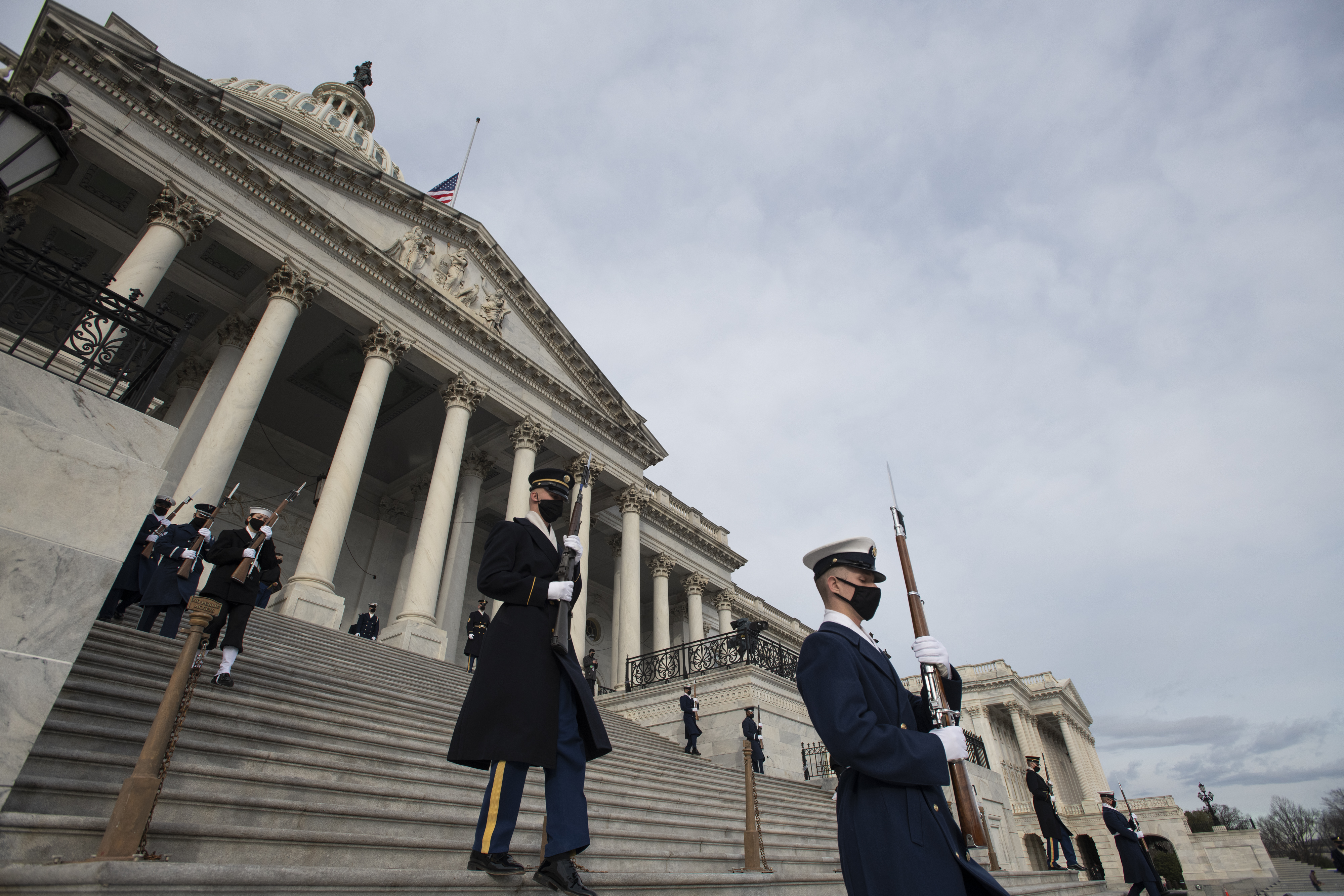 WASHINGTON, DC – JANUARY 18: The Honor Guard arrives at the East Front of the US Capitol during the dress rehearsal for the Inauguration of President-elect Joe Biden on January 18, 2021 in Washington, DC. The inauguration will take place on January 20. (Photo by Rod Lamkey-Pool/Getty Images)