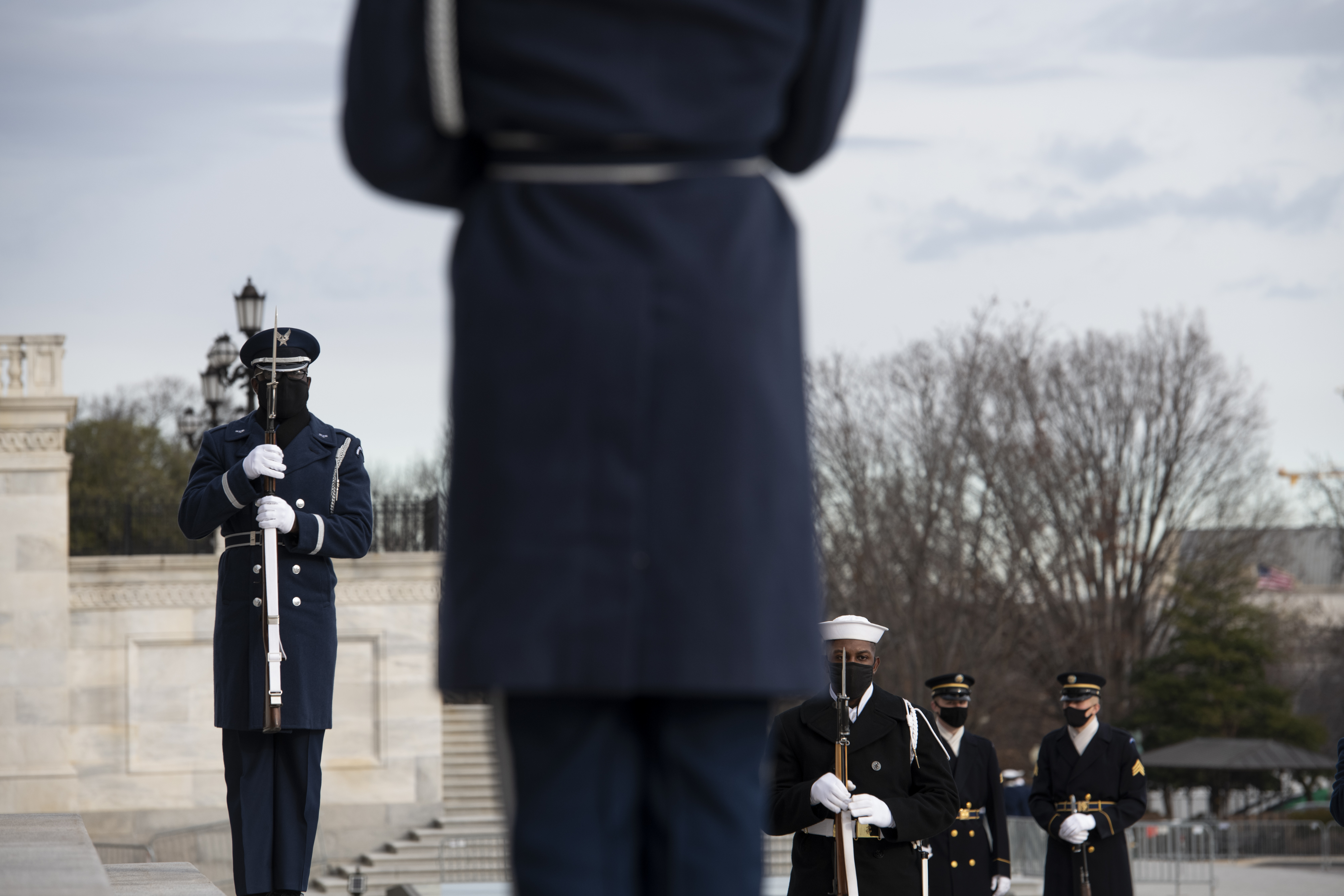 WASHINGTON, DC – JANUARY 18: The Honor Guard arrives at the East Front of the US Capitol during the dress rehearsal for the Inauguration of President-elect Joe Biden on January 18, 2021 in Washington, DC. The inauguration will take place on January 20. (Photo by Rod Lamkey-Pool/Getty Images)