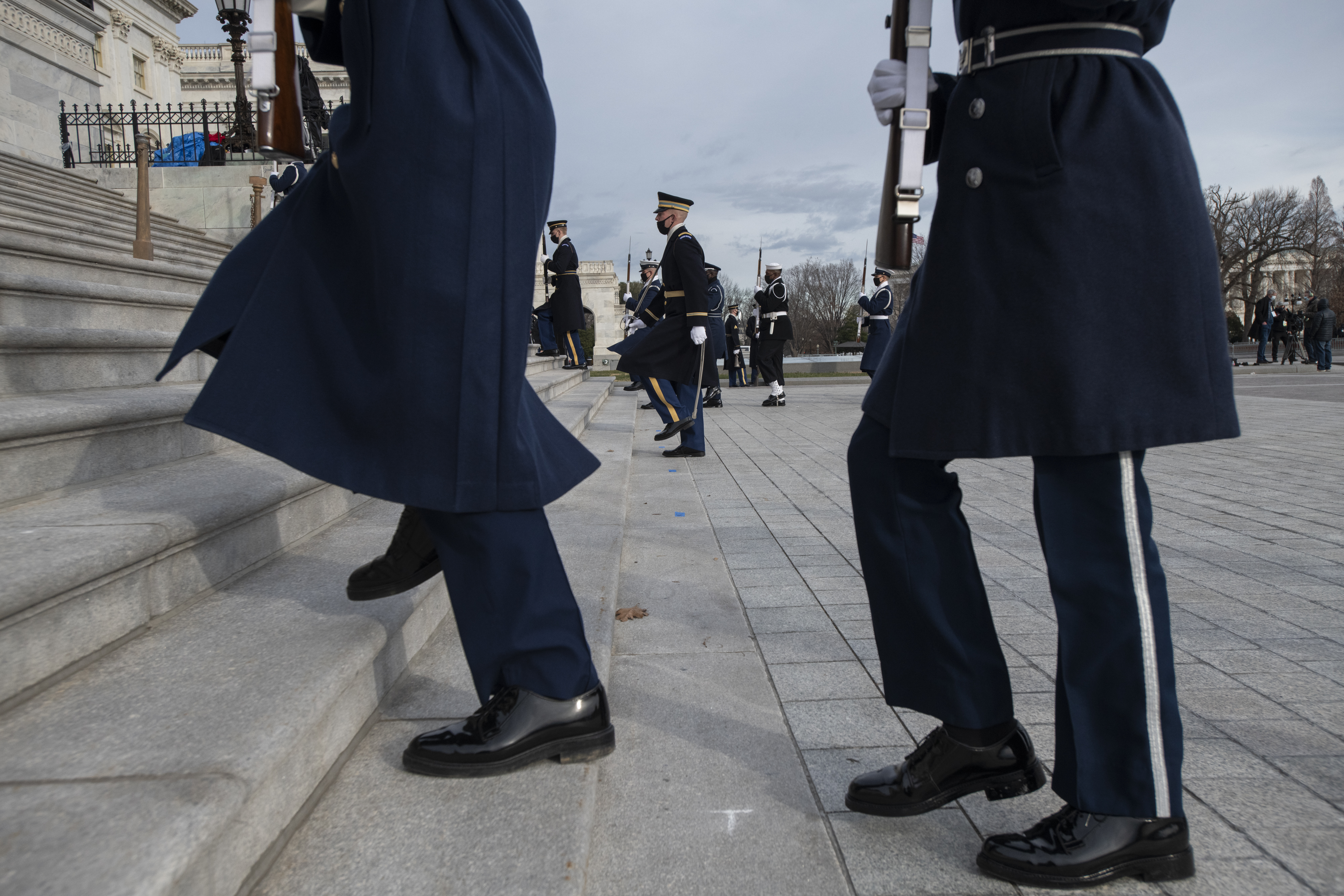 WASHINGTON, DC – JANUARY 18: The Honor Guard arrives at the East Front of the US Capitol during the dress rehearsal for the Inauguration of President-elect Joe Biden on January 18, 2021 in Washington, DC. The inauguration will take place on January 20. (Photo by Rod Lamkey-Pool/Getty Images)