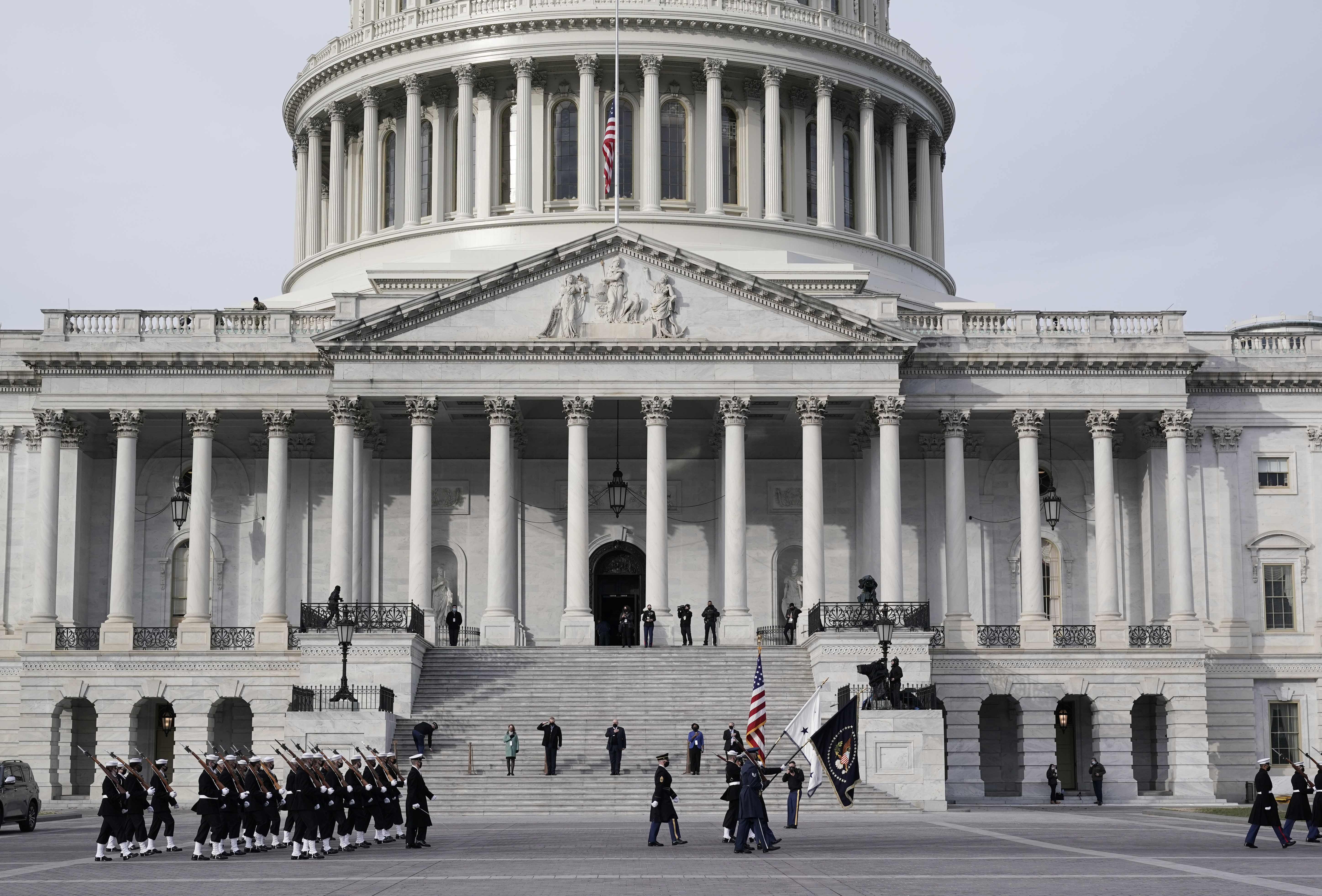 WASHINGTON, DC – JANUARY 18: U.S. military units march in front of the U.S. Capitol as they rehearse for President-elect Joe Biden’s inauguration ceremony on January 18, 2021 in Washington, DC. The inauguration will take place on January 20. (Photo by J. Scott Applewhite-Pool/Getty Images)