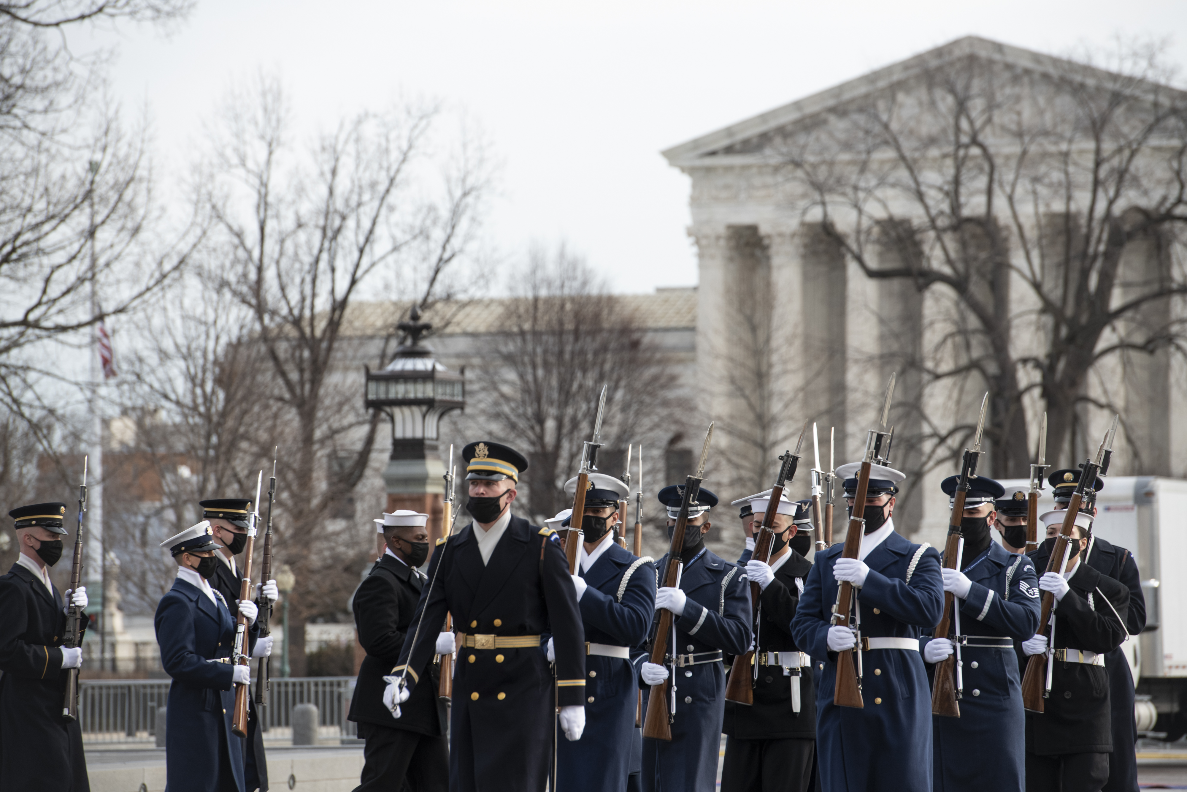 WASHINGTON, DC – JANUARY 18: The Honor Guard arrives at the East Front of the US Capitol during the dress rehearsal for the Inauguration of President-elect Joe Biden on January 18, 2021 in Washington, DC. The inauguration will take place on January 20. (Photo by Rod Lamkey-Pool/Getty Images)