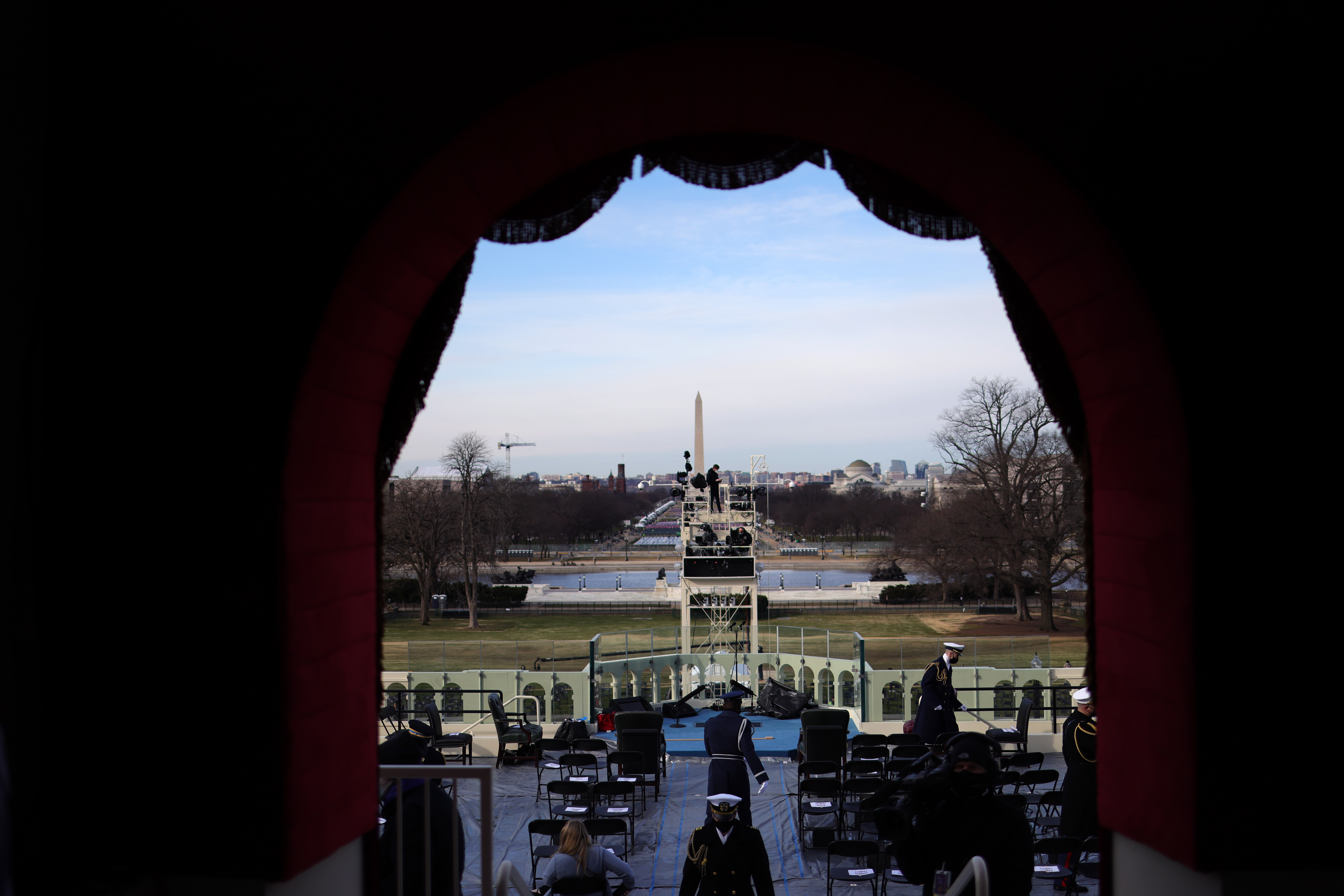 WASHINGTON, DC – JANUARY 18: A view from the lower west terrace door as preparations are made prior to a dress rehearsal for the 59th inaugural ceremony for President-elect Joe Biden and Vice President-elect Kamala Harris at the U.S. Capitol on January 18, 2021 in Washington, DC. Biden will be sworn-in as the 46th president on January 20th.  (Photo by Win McNamee/Getty Images)