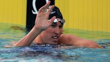 IRVINE, CA - AUGUST 6: Klete Keller waves to the crowd after his victory in the finals of the Men's 400 Meter Freestyle during the 2005 ConocoPhilllips National Championship at the William J. Woollett Aquatic Center on August 6, 2005 in Irvine, California.