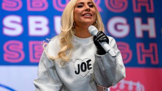 In this Nov. 2, 2020, file photo, singer Lady Gaga performs prior to Democratic presidential candidate Joe Biden's speech at a Drive-In Rally at Heinz Field in Pittsburgh, Pennsylvania.