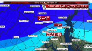 The forecast shows a possible coating of snow in DC, with 1 to 2 inches possible in the north and west suburbs, and 2 to 4 inches possible in upper Montgomery and Frederick counties and west of Dulles Airport