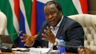 PRETORIA, SOUTH AFRICA – MARCH 16: Finance minister, Tito Mboweni briefs the media on the details of government interventions in various sectors of the departmental portfolios on COVID-19 at DIRCO Media Centre.
