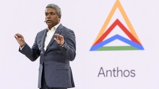 Thomas Kurian, chief executive officer of cloud services at Google LLC, speaks during the Google Cloud Next ’19 event in San Francisco, California, U.S., on Tuesday, April 9, 2019. The conference brings together industry experts to discuss the future of cloud computing.