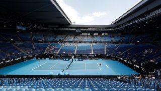 United States' Serena Williams, right, serves to Russia's Anastasia Potapova during their third round match on Rod Laver Arena at the Australian Open tennis championship in Melbourne, Australia, Friday, Feb. 12, 2021.