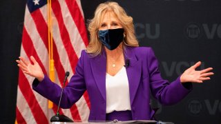 In this Feb. 24, 2021, file photo, first lady Jill Biden speaks before a panel discussion on cancer research and care at the Massey Cancer Center at Virginia Commonwealth University in Richmond, Virginia.