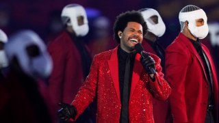 The Weeknd performs during the halftime show of the NFL Super Bowl 55 football game between the Kansas City Chiefs and Tampa Bay Buccaneers, Sunday, Feb. 7, 2021, in Tampa, Florida.