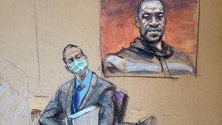 Former Minneapolis police officer Derek Chauvin sits in front of a picture of George Floyd displayed during Chauvin’s trial for second-degree murder, third-degree murder and second-degree manslaughter in the death of Floyd in Minneapolis, Minnesota, U.S., March 29, 2021 in this courtroom sketch from a video feed of the proceedings.