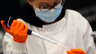 A lab assistant uses a pipette to prepare Coronavirus RNA for sequencing