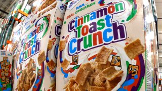 This May 14, 2020, file photo shows a display of General Mills Cinnamon Toast Crunch cereal at a Costco Warehouse in Robinson Township, Pennsylvania.