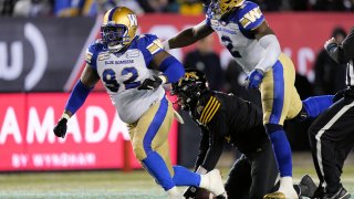CALGARY, AB - NOVEMBER 24: Drake Nevis #92 and Jonathan Kongbo #2 of the Winnipeg Blue Bombers celebrate a sack of Dane Evans #9 of the Hamilton Tiger-Cats at McMahon Stadium on November 24, 2019 in Calgary, Canada. Winnipeg Blue Bombers defeated the Hamilton Tiger-Cats 33-12 in the 107th Grey Cup.
