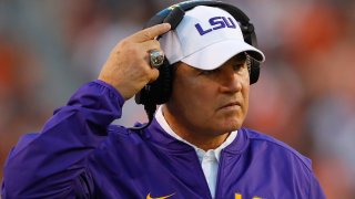 In this Sept. 24, 2016, file photo, head coach Les Miles of the LSU Tigers looks on during the game against the Auburn Tigers at Jordan-Hare Stadium in Auburn, Alabama.