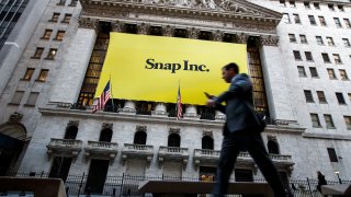 Signage for Snap Inc., parent company of Snapchat, adorns the front of the New York Stock Exchange, March 2, 2017 in New York City.