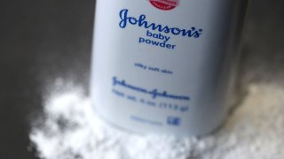 In this photo illustration, a container of Johnson’s baby powder made by Johnson and Johnson sits on a table on July 13, 2018 in San Francisco, California.