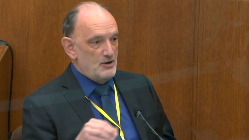 In this image from video, Dr. David Fowler testifies as Hennepin County Judge Peter Cahill presides in the trial of former Minneapolis police Officer Derek Chauvin at the Hennepin County Courthouse in Minneapolis, April 14, 2021.