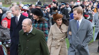 (L-R) Prince William, Duke of Cambridge, Prince Philip, Duke of Edinburgh, Catherine, Duchess of Cambridge, Meghan Markle and Prince Harry