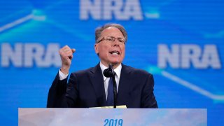 FILE - In this April 26, 2019, file photo, the National Rifle Association's Wayne LaPierre speaks at the association's Institute for Legislative Action Leadership Forum at Lucas Oil Stadium in Indianapolis.