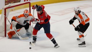 Apr 13, 2021; Washington, District of Columbia, USA; Washington Capitals right wing Anthony Mantha (39) prepares to shoot the puck on Philadelphia Flyers goaltender Brian Elliott (37) in the first period at Capital One Arena. Mandatory Credit: Geoff Burke-USA TODAY Sports
