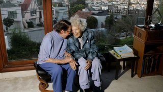 FILE - In this March 3, 2008, file photo, Phyllis Lyon, left, and Del Martin are photographed at home in San Francisco. The hilltop cottage of the couple that became the first same-sex partners to legally marry in San Francisco has become a city landmark. The San Francisco Board of Supervisors voted unanimously Tuesday, May 4, 2021, to give the 651 Duncan St. home of the lesbian activists landmark status. The home in the Noe Valley neighborhood is expected to become the first lesbian landmark in the western United States, the San Francisco Chronicle reported.