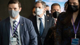 US Secretary of State Antony Blinken, centre, arrives for the Arctic Council Ministerial Meeting in Reykjavik, Iceland, Thursday, May 20, 2021. Top diplomats from the United States and Russia sparred politely in Iceland during their first face-to-face encounter, which came as ties between the nations have deteriorated sharply in recent months.