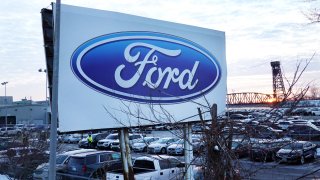 The Ford company logo is displayed on a sign outside of the Chicago Assembly Plant on February 3, 2021 in Chicago, Illinois.