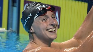 Katie Ledecky reacts after winning the women's 1500-meter freestyle final during wave 2 of the U.S. Olympic Swim Trials on Wednesday, June 16, 2021, in Omaha, Neb.