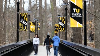 Towson University students walk on campus