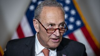 Senate Majority Leader Chuck Schumer, a Democrat from New York, speaks during a news conference following the weekly Senate Democrats policy luncheon on Capitol Hill in Washington, D.C., U.S., on Tuesday, June 8, 2021. Democratic congressional leaders face a narrowing path to move forward on President Joe Biden's $4 trillion economic agenda without Republican support as negotiations with the GOP are at risk of stalling.