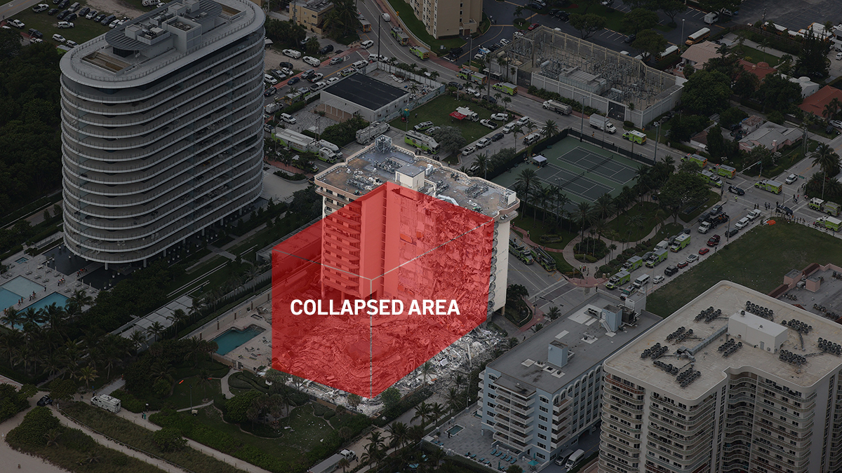 An approximation of the Champlain Towers condominium before its collapse superimposed over an aerial photo of the site of collapse, June 24, 2021, in Miami. It is still unknown how many people are missing as rescue workers continue to dig through rubble well into the morning.