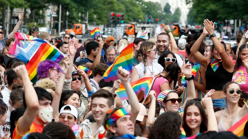 WASHINGTON, DC – JUNE 12: People gather to dance and celebrate Pride 2021 at a rally in Freedom Plaza on June 12, 2021 in Washington, DC. Pride Month, hosted by the Capital Pride Alliance, celebrates the LGBTQ community in Washington, DC. (Photo by Paul Morigi/Getty Images)