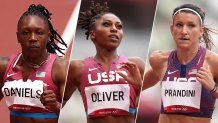 From left: Teahna Daniels, Javianne Oliver and Jenna Prandini competes during round one of the Women's 100m heats on day seven of the Tokyo 2020 Olympic Games at Olympic Stadium on July 30, 2021 in Tokyo, Japan.