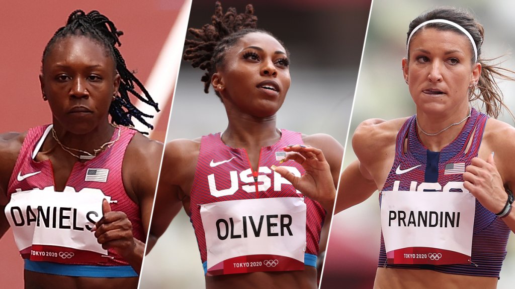 From left: Teahna Daniels, Javianne Oliver and Jenna Prandini competes during round one of the Women's 100m heats on day seven of the Tokyo 2020 Olympic Games at Olympic Stadium on July 30, 2021 in Tokyo, Japan.