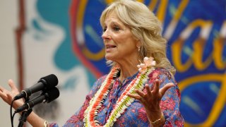 First lady Jill Biden speaks after touring a COVID-19 vaccination clinic at a high school in Waipahu, Hawaii, Sunday, July 25, 2021.