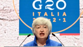 US Treasury Secretary Janet Yellen speaks during a press conference during the G20 finance ministers and central bankers meeting in Venice, on July 11 2021.