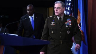 US Defense Secretary Lloyd Austin (L) and Chairman of the Joint Chiefs of Staff, General Mark Milley, hold a press conference on July 21, 2021, at The Pentagon in Washington, DC.
