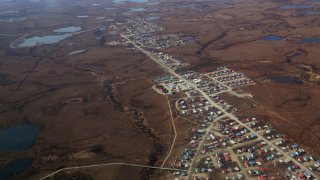 An aerial view of Bethel, AK on May 13, 2014. Bethel, which has a population of about 6,000, and is the largest bush town, serves as one of the Bypass Mail hubs.